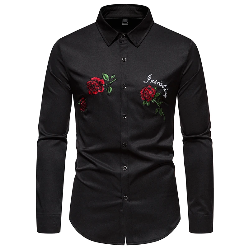 2023 neues Hemd Rose Stickerei Hemd lässig Langarm Slim Fit Mode Shirts Männer Kleidung Männer Shirt