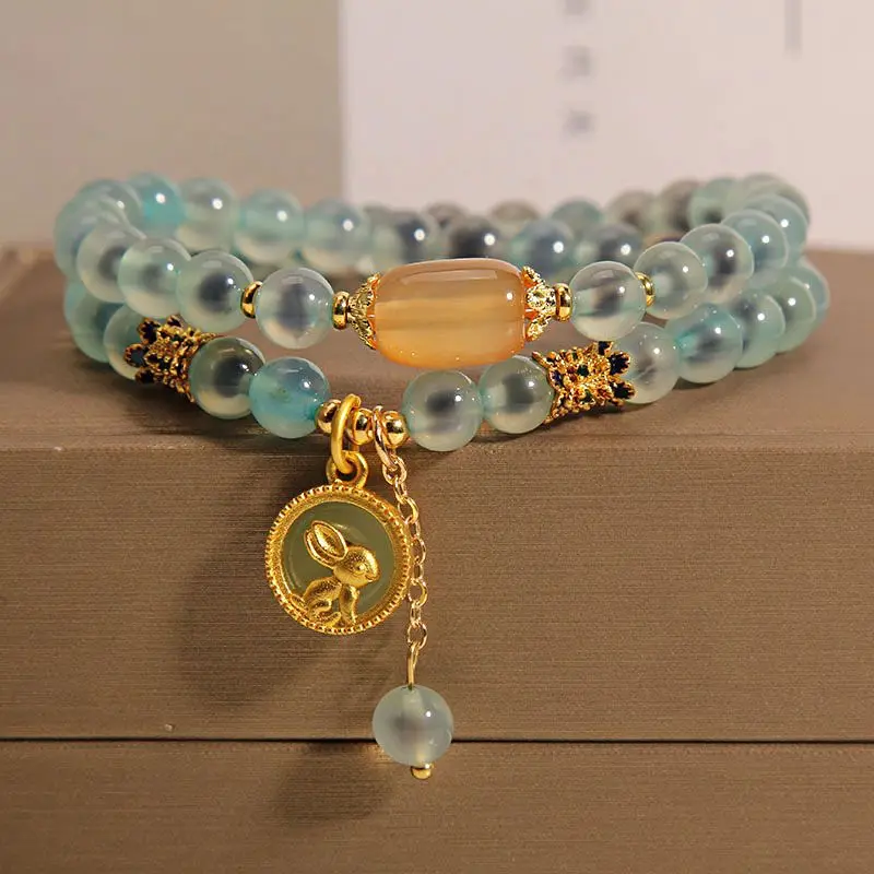 Candy Heart Blue Agate Double Circle Bracelet Female Light Luxury Vintage Jade Rabbit Multi-Layer HandString for Women's Gift