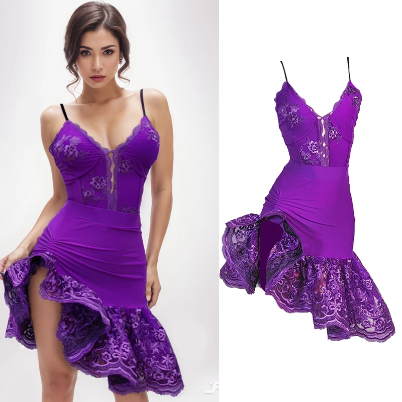 

2024 Latin Dance Dress For Women Sexy Purple Suspender Fishbone Dress Chacha Rumba Tango Adult Latin Performance Dress DN18307