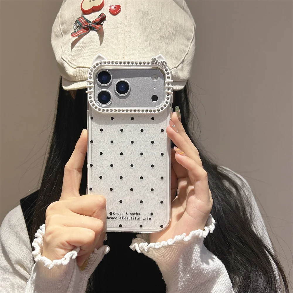 

17 Pro Max Ins Stylish Diamond Cute Kitty Cat Ear Polka Dot Phone Case for iPhone 16 15 14 13 Glossy Glitter Candy Color Cover