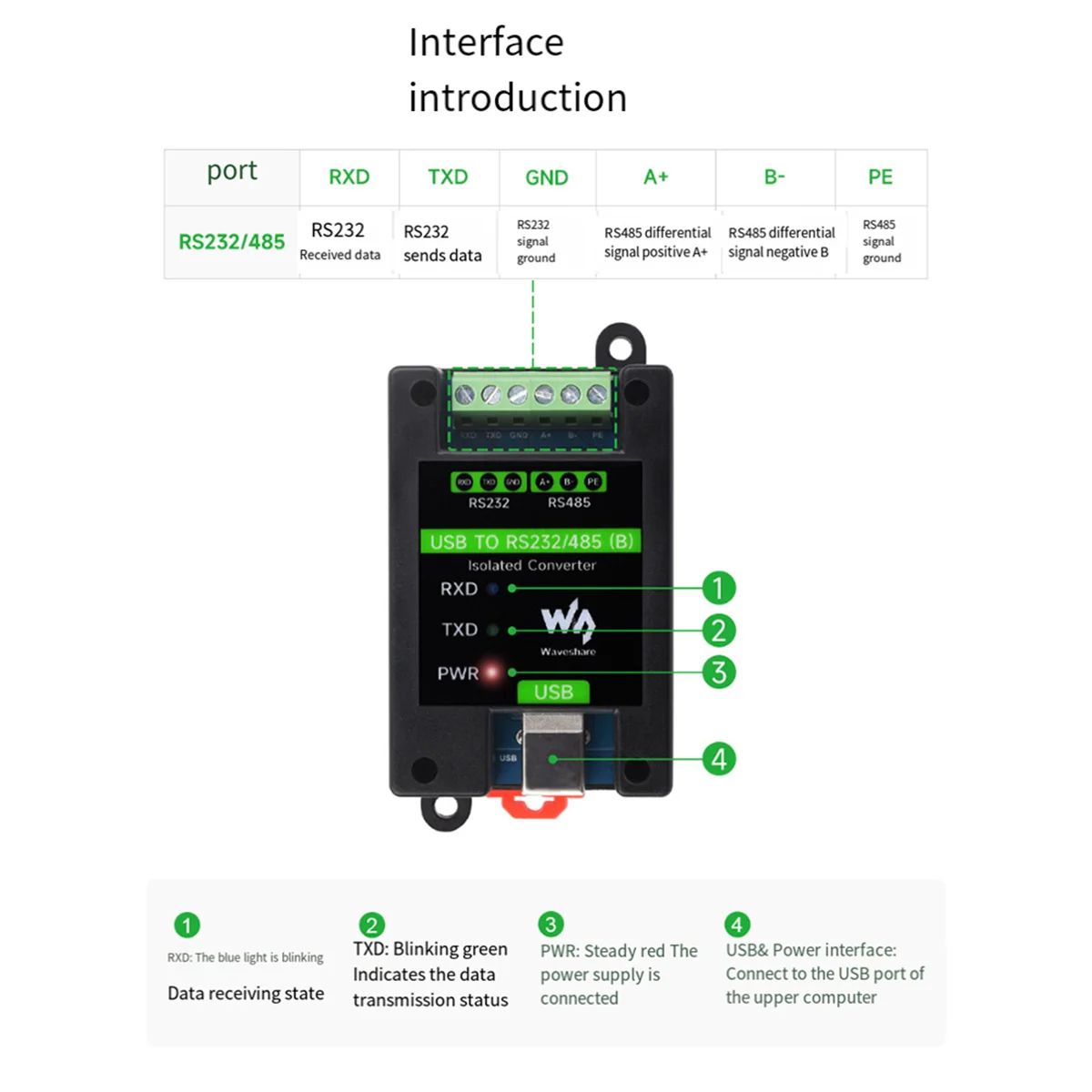 

Waveshare Din Rail USB в RS232/485 Изолированный преобразователь промышленного класса FT232RNL Поддержка настенного крепления и крепления на рейку