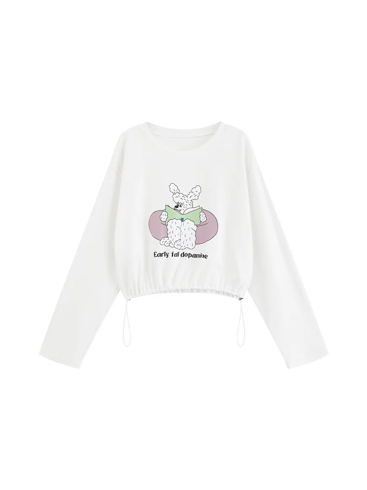 Cute Casual Loose Crewneck Printed Sweatshirt Autumn Long Sleeve Drop Shoulder Pullover Top Women Youthful Playful Warm Outfit