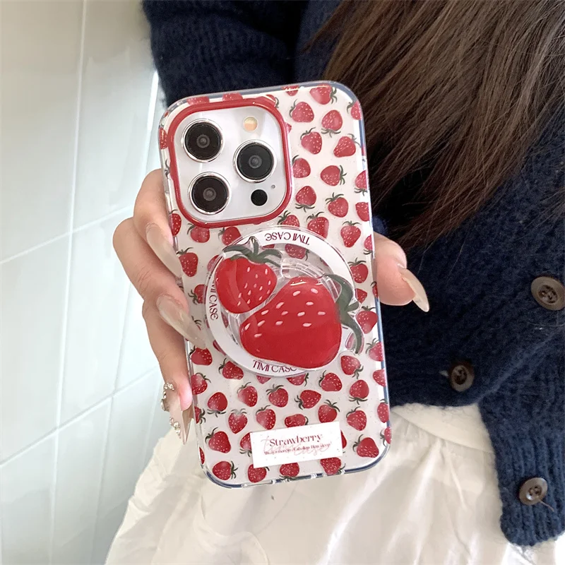 

Korean Ins Strawberry Magnetic Phone Case For iPhone 16 Pro 14 13 15 Pro Max Cover with Magsafe Holder Shockproof Cute Cases 15