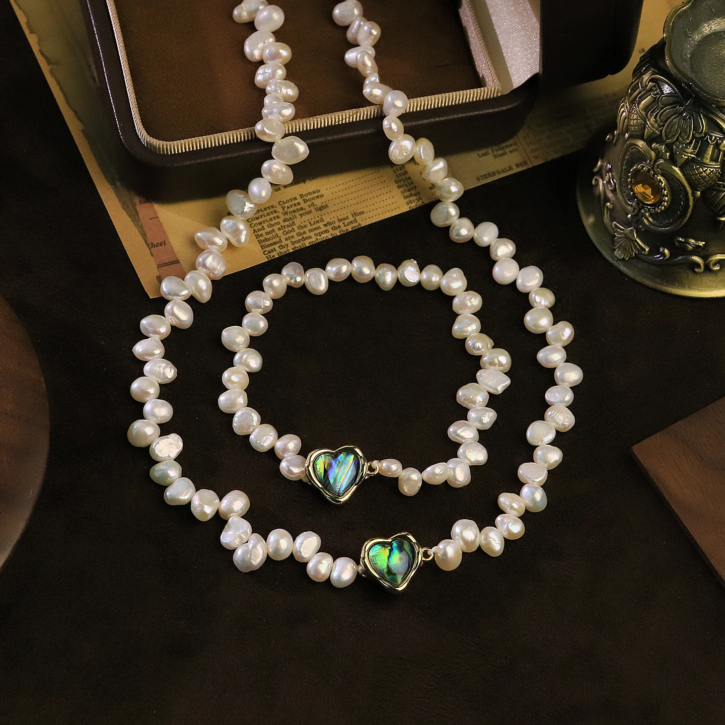 Real Freshwater Pearl Heart Abalone Shell Two Piece Set for Women Wedding Gift Dainty Pearl Bracelet Bridal Necklace Boho Jewelr