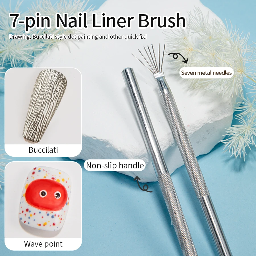 RS NAIL Strumento per disegno a filo per nail art Pennello multifunzionale per rivestimento per unghie in acciaio inossidabile a 7 pin Strumenti per pennelli per texture unghie fai da te pieghevoli