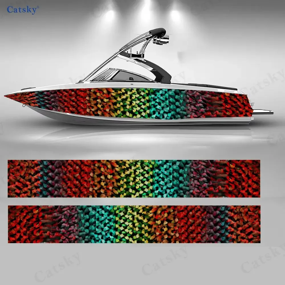 2Pcs Iridescent Woven Texture Boat Stickers, PVC Waterproof Vinyl Wrap Decals for Fishing Boats, Durable and Stylish Design