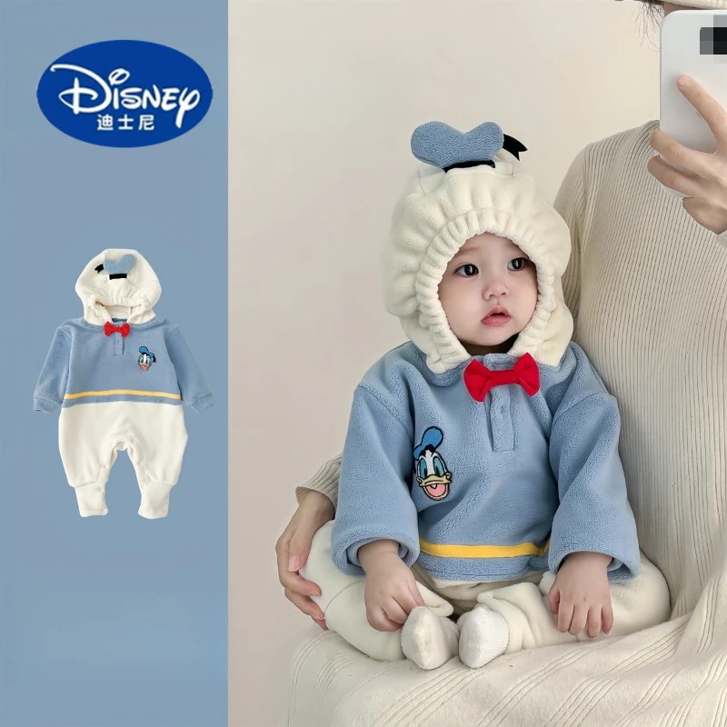 

Disney 2025 Winter Fleece Baby Romper Double-Sided Velvet Hooded Cartoon Unisex Outfit