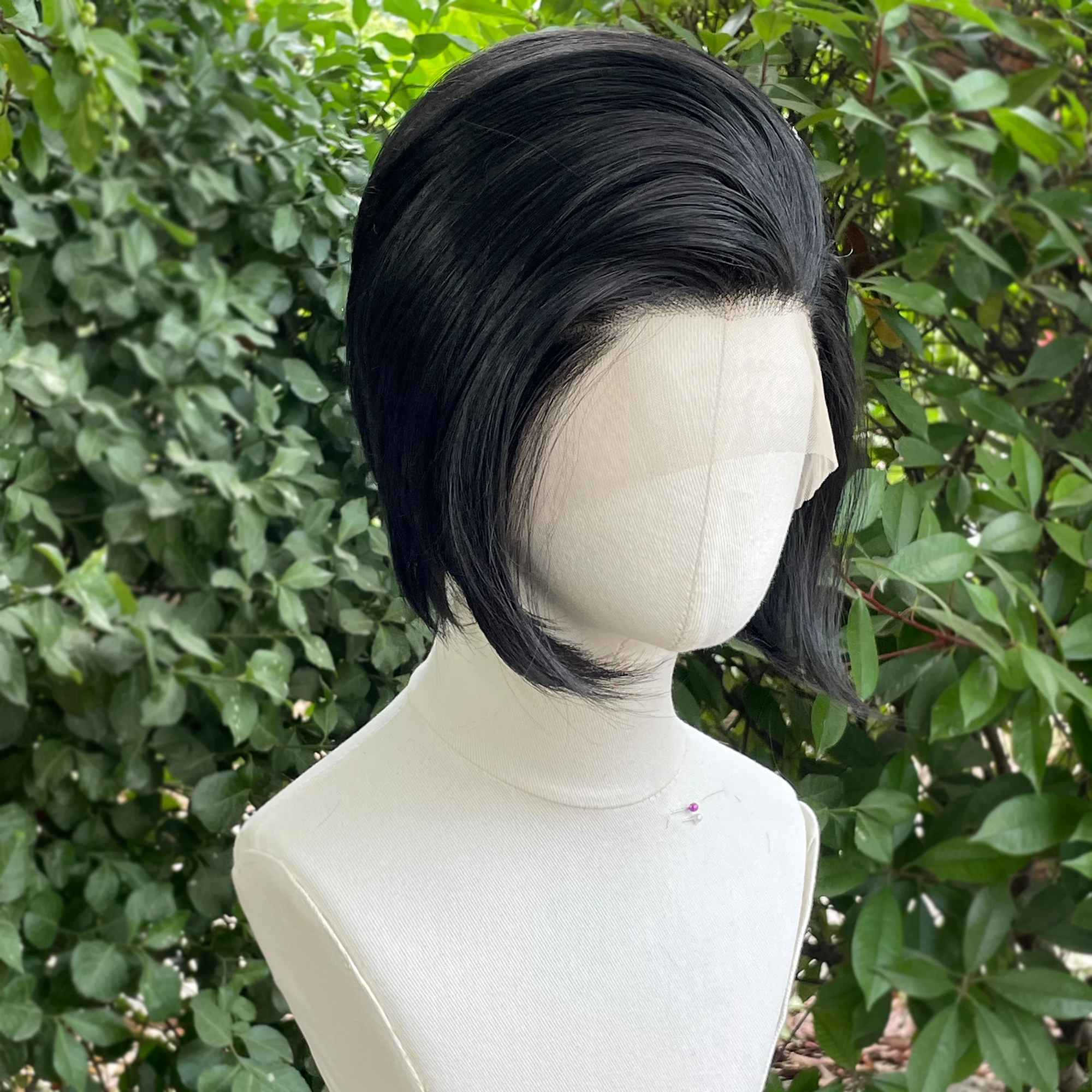 Jet hitam pendek potongan Bob sintetis renda depan wig untuk wanita Cosplay wig untuk pria rambut alami tanpa lem 13x4 renda depan wig