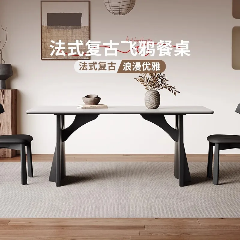 

Medieval Flying Crow Black Solid Wood Dining Table Simple Designer Rectangular Matte White Deli Feng Rock Slab Dining Table