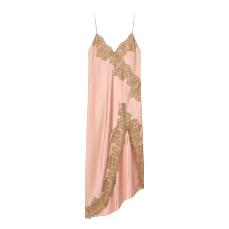 Women's Satin Lace Dress New 2026 Spring Summer Fashion Backless Thin Straps V-Neck Lady Long Dress Elegant Female Midi Dresses view 2