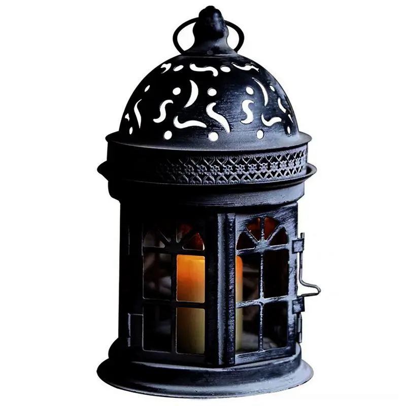PZHI-Retro Metal Candlestick Colored Glass Aromatherapy Candlestick Decorative Decoration Decorative Iron Wind Lamp Black
