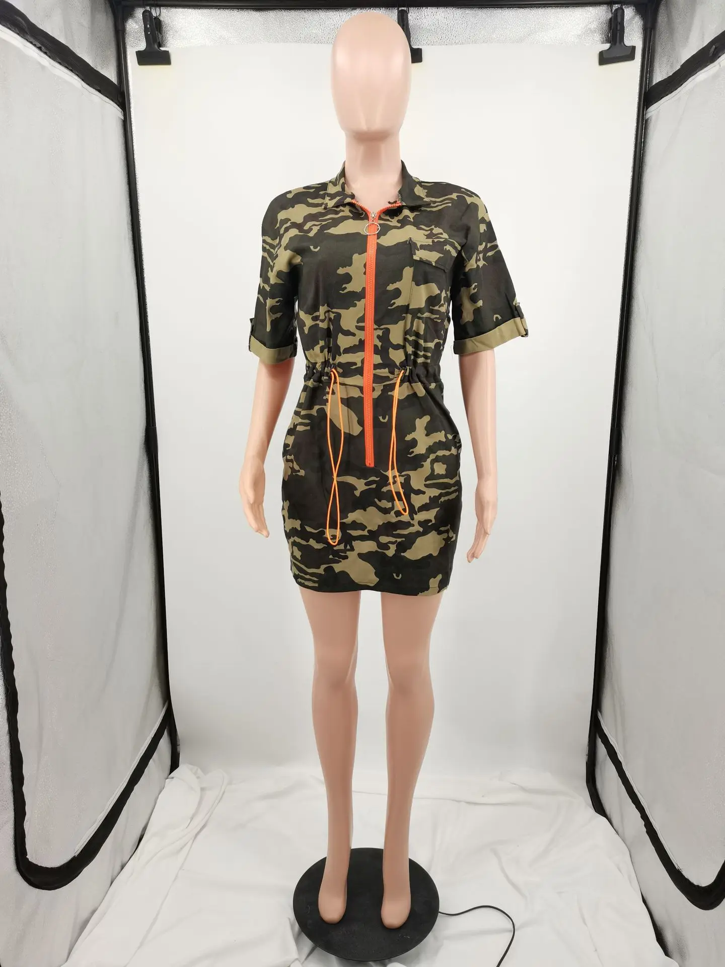 LW Plus Size Dress Camo Print Drawstring Pocket Design Dress Summer Casual Turndown Collar Zipper Printed Mini Dresses For Women