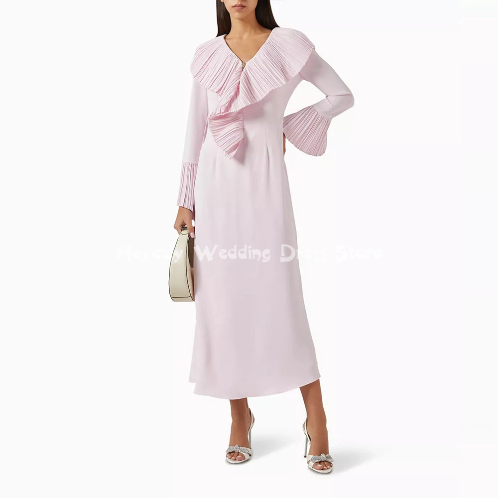 

Heyday Women's Pleats Ruffles V-neck Customized Evening Dresses With Long Sleeves Straight Tea-Length Elegant Dresses 2025