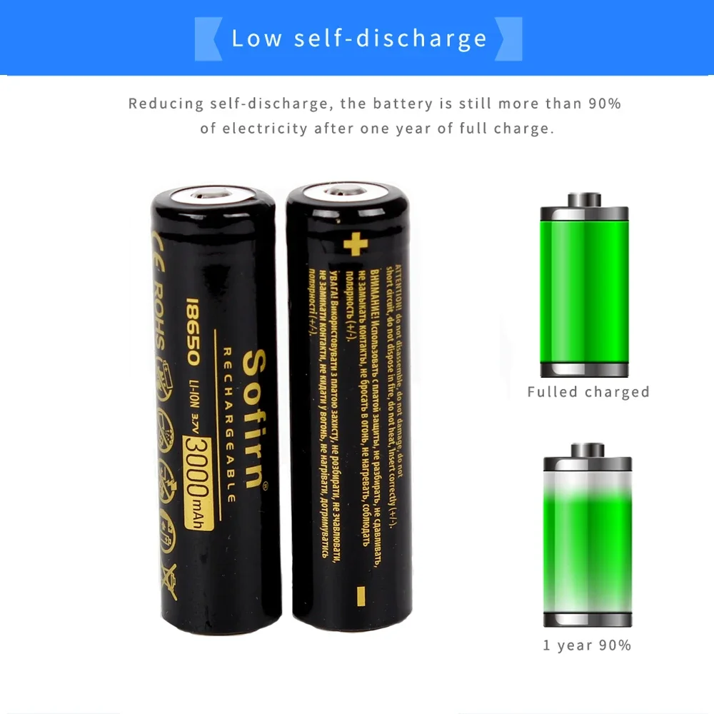 Sofirn 3000 mAh 18650 Flach- oder Knopfbatterie, vorgeladene 3,7 V Li-Ionen-18650-Zellen-Akkus für LED-Taschenlampen