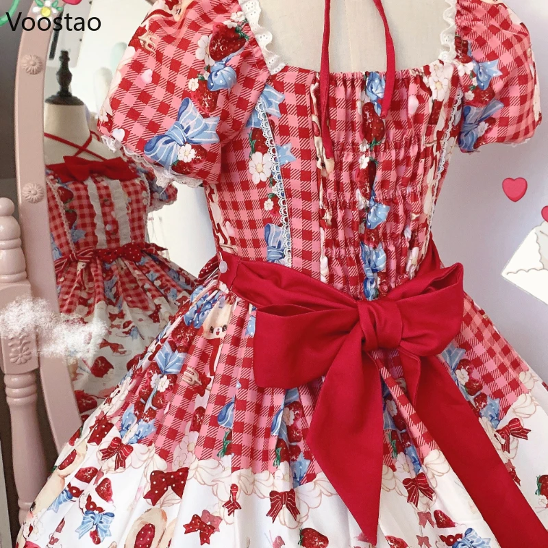 Japanese Sweet Lolita OP Dress Women Cute Lace Strawberry Rabbit Print Red Plaid Tea Party Dresses Vintage Kawaii Princess Dress