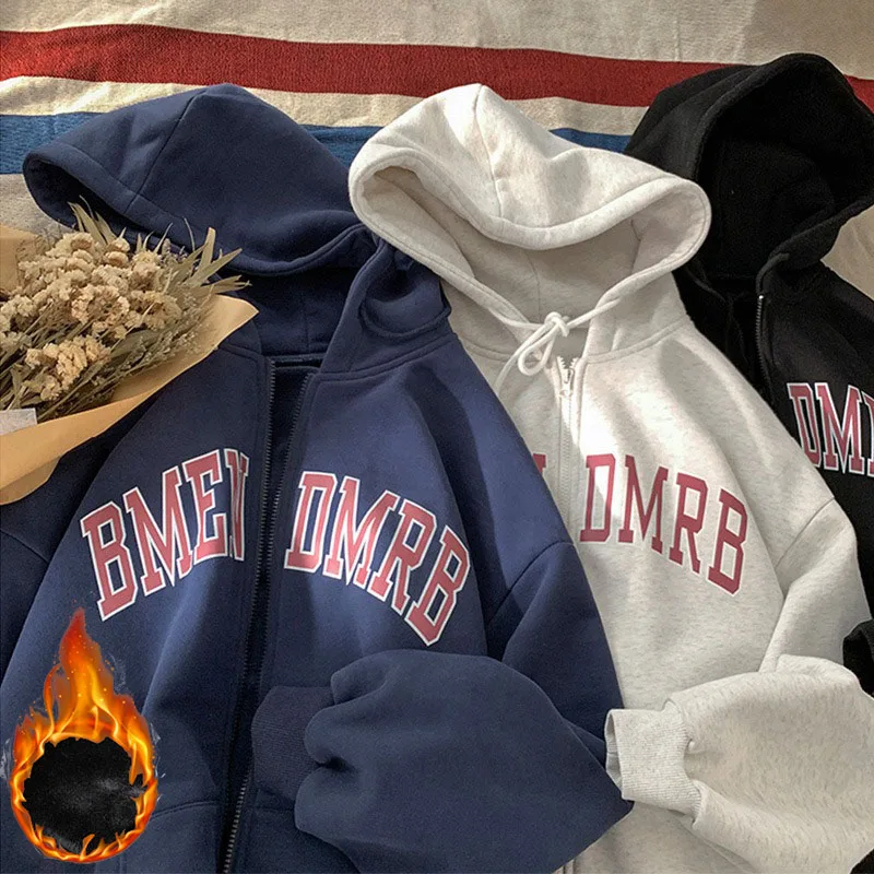 Damen-Hoodie im koreanischen College-Stil mit Reißverschluss, dickem, warmem Futter, Buchstabengrafik, lockerer Passform, offener Front und Kapuze, Alltagsoberteil