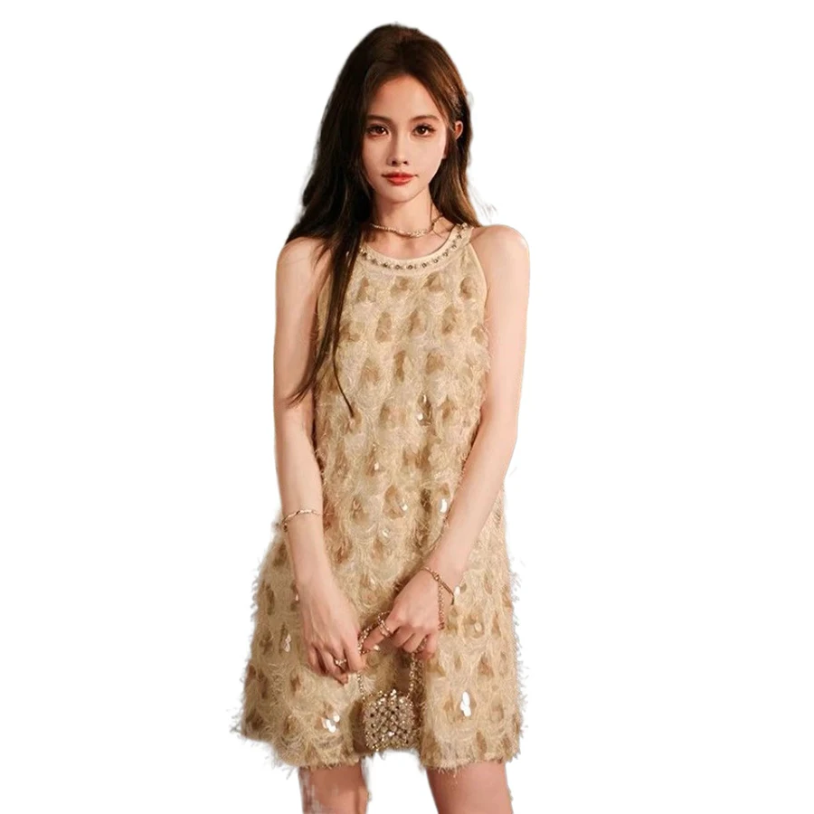 

Women Champagne Colored Dress 2026 Summer New Style Neck Hanging Sequin Dress