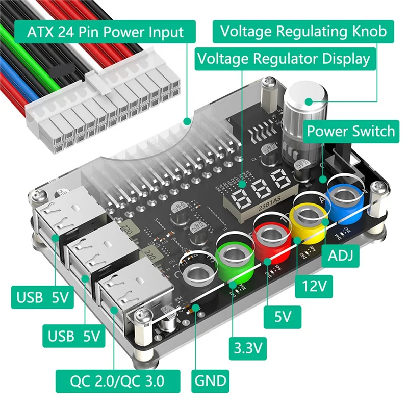 

SQPP-24Pin ATX Блок питания Коммутационная плата Модуль питания Регулируемая ручка напряжения 6-портовый USB 2.0 Поддержка QC2.0 QC3.0