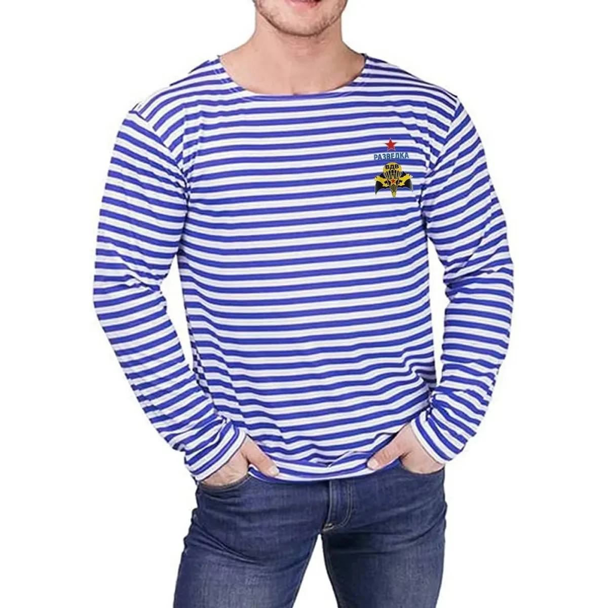 Russian VDV Airborne GRU Special Forces Sailor\'s Striped Shirt Polyester Cotton Long Sleeve Mens Stripes T-Shirt Telnyashka Tops