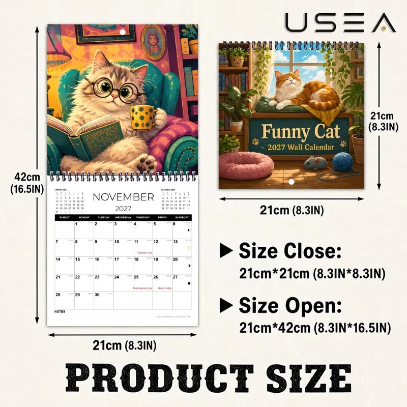 2027 Funny Cat Wall Calendar,  Monthly Planner, Twin Wire Spiral Hanging Calendar with Large Writable Blocks, Aesthetic Decor