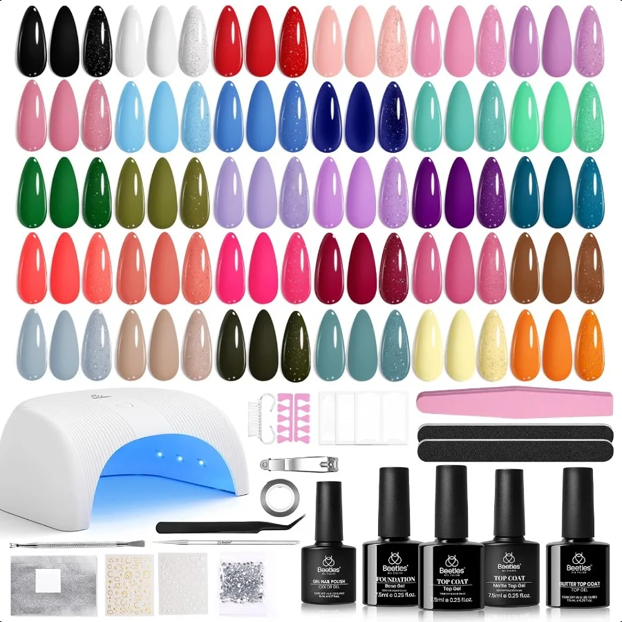 

Beetles Gel Nail Polish Kit with U V Light Beetles Four Seasons Glow 32 Colors Gel Polish 54 Pcs Nail Kit with Base and Mattean