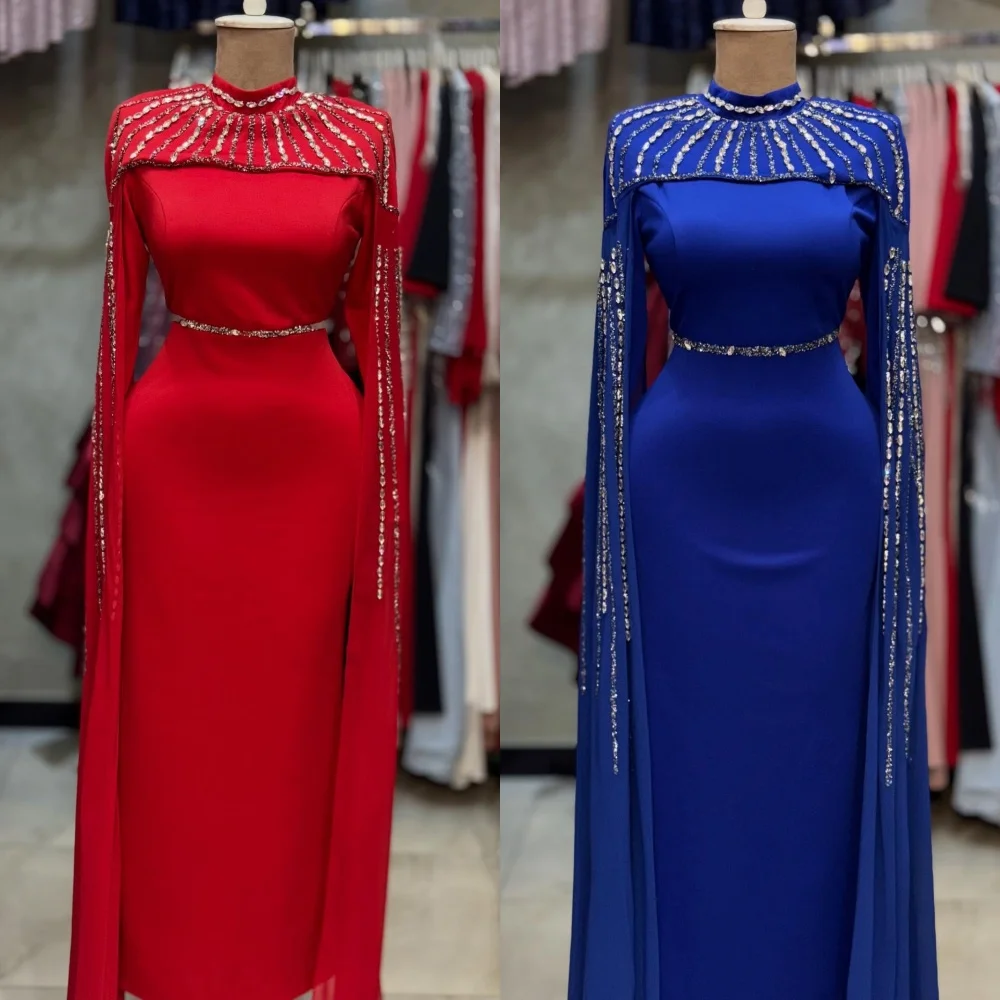 

Customized Intricate Jersey Pleat Sequined Straight High Collar Long Dresses Bespoke Occasion Homecoming Matching