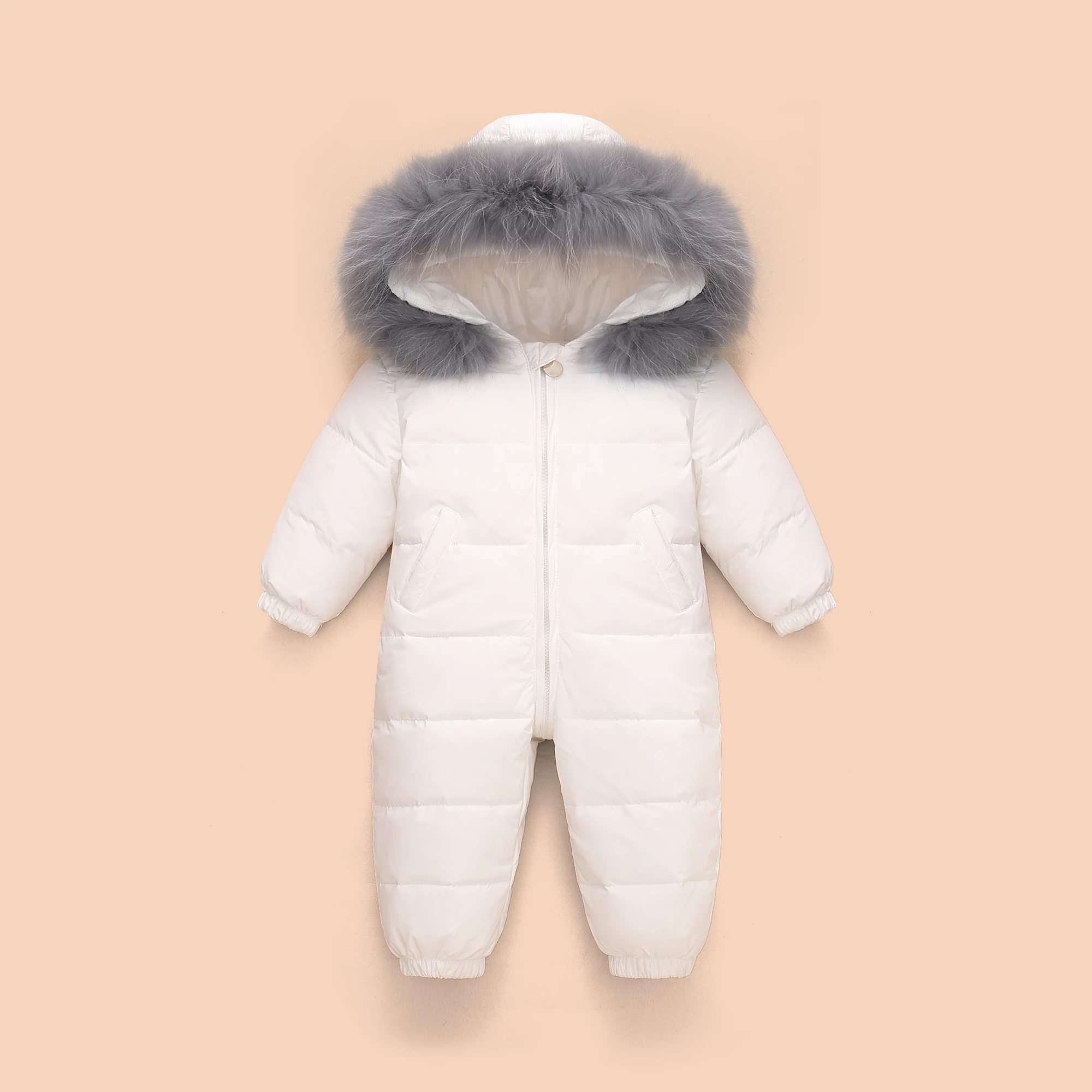 UNIFEMEN 2024 Kids Baby Winter Jumpsuit Real Raccoon Fur Baby Girl Snowsuit Toddler Boy Winter Romper Infant Boys Overalls