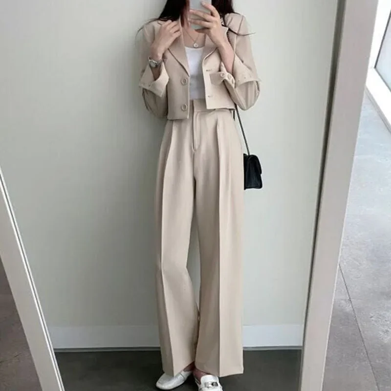 Kimotimo Women Solid Two Piece Sets Korean Chic Casual Turn-down Collar Short Blazer Coat + High Waist Wide Leg Long Pants Ins