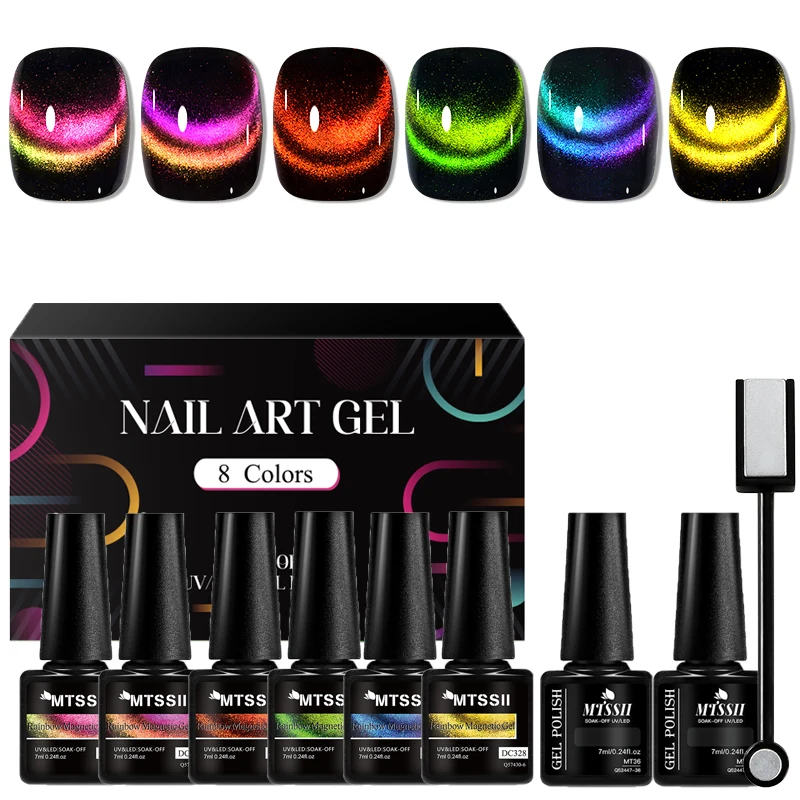 

8 шт./компл. Радужный блестящий кот, магнитный гель для ногтей, набор лаков для ногтей, полуперманентный набор для замачивания сверкающих художественных лаков для ногтей