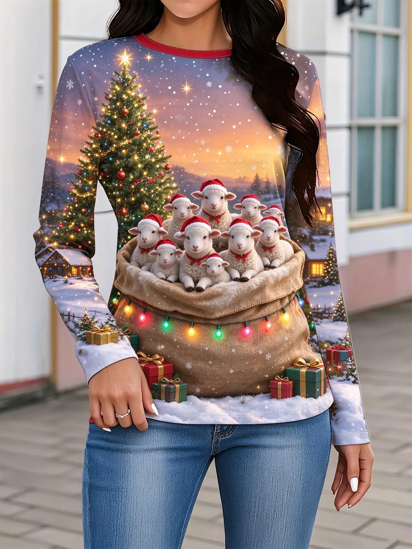 Women Xmas Long Sleeve T Shirt, Crew Neck Cute Rabbit Puppy Sheep Santa Hat Christmas Tree Snow Print