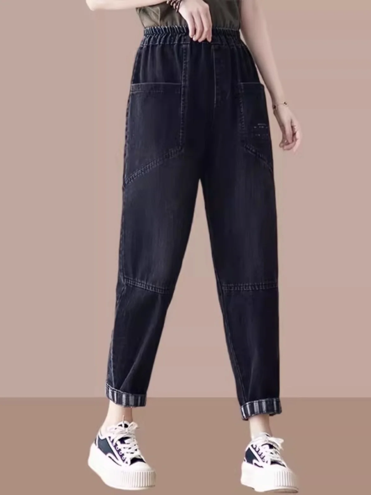 Loose Women's Denim Jeans High Waist Harlan Pants Black Casual Spring Autumn New Style plus Size Elastic Waist Vintage Jeans