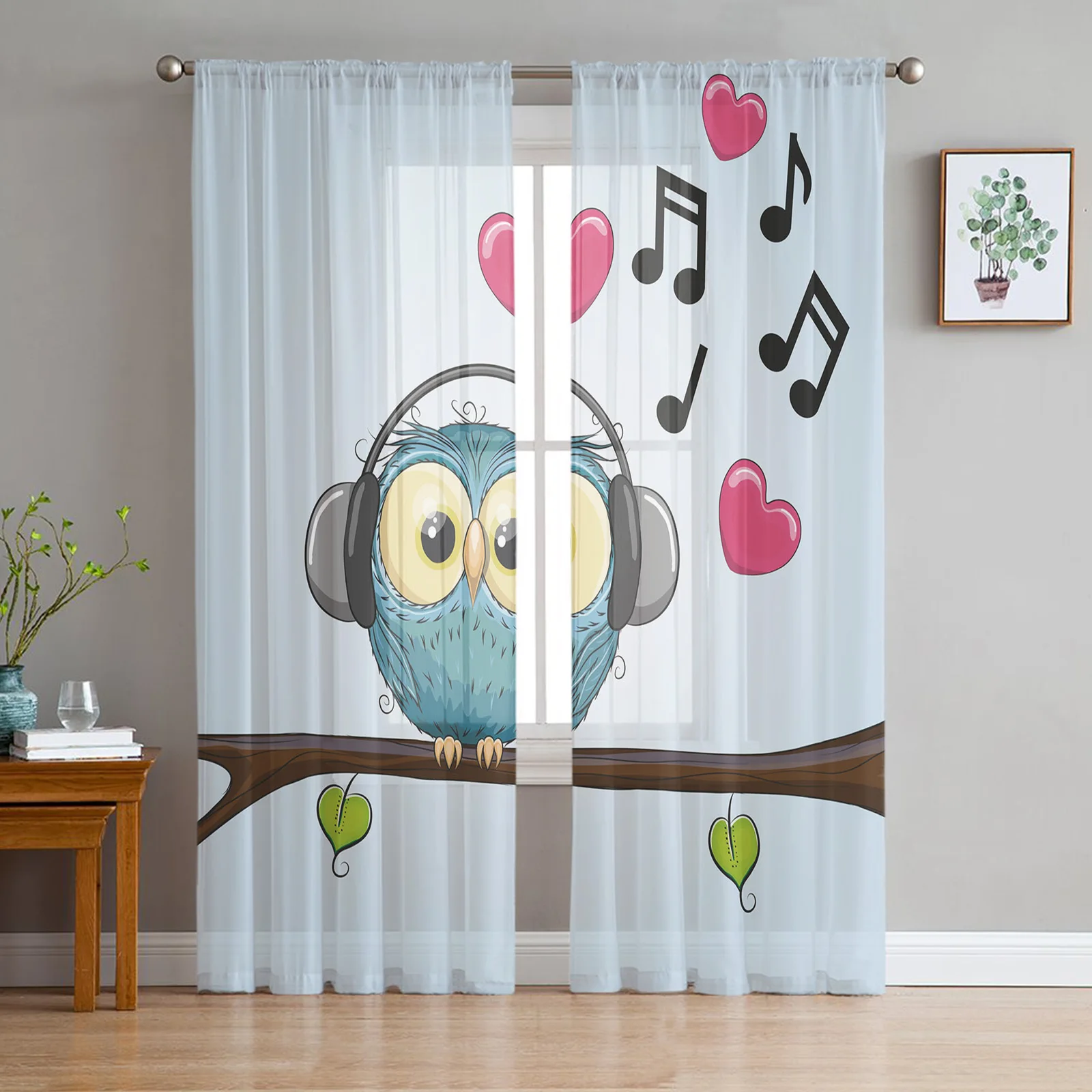 Cartoon Owl Music Love Heart Kawaii Sheer Curtains for Living Room Decoration Window Curtains Kitchen Tulle Voile Curtains