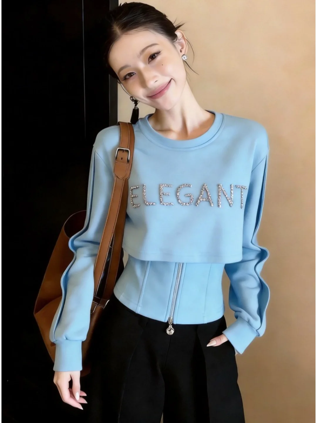 

Spring 2026 Women's Long Sleeve T-Shirt Zipper Letter Print Elegant Casual Fashion Top Quality Polyester Regular Fit round Neck