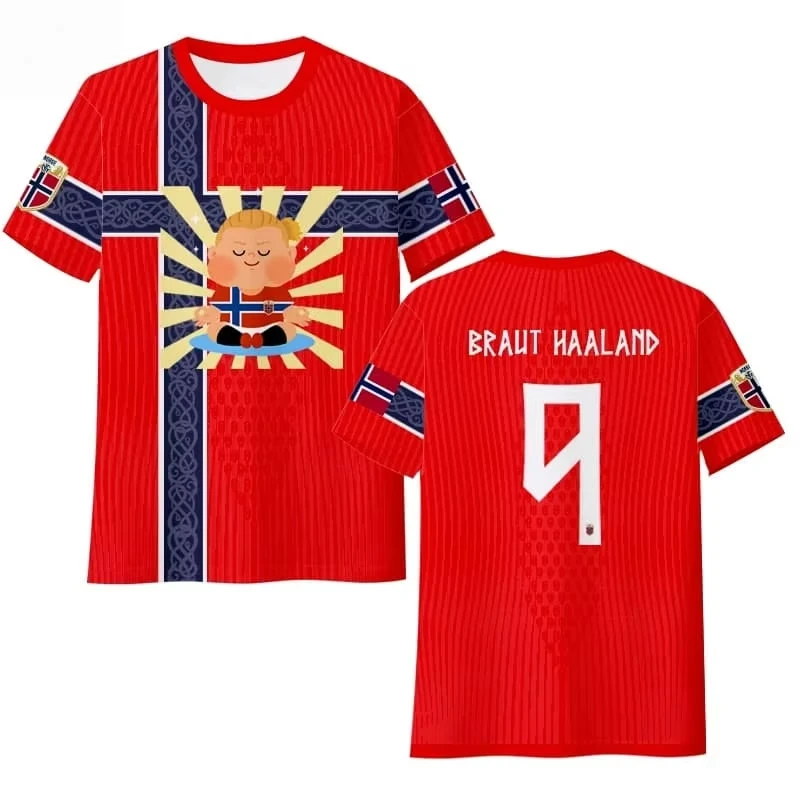 Haaland Norwegen Nationalmannschaft Fan-T-Shirt, schnelltrocknendes Eisseiden-Kurzarm-Unisex-Freizeit-Fußball-Fan-T-Shirt für Männer und Frauen im Sommer – Detail 1