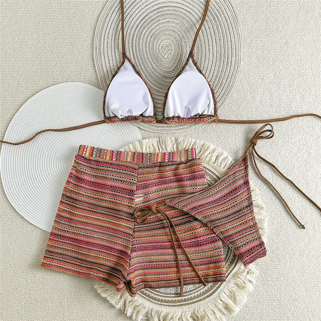 Neuer, aufreizender, gestreifter Bikini mit Neckholder-Ausschnitt, Damen-Badeanzug, dreiteiliges Bikini-Set mit Shorts, Damen-Badebekleidung, Badeanzug, Badebekleidung, Modell V6326. – Detail 19