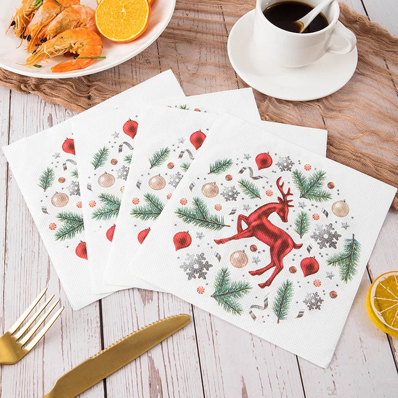 

20pc Christmas Elk Square Napkins Merry Christmas Decoration Disposable Napkins Retro Painted Printed Paper Placemats table deco