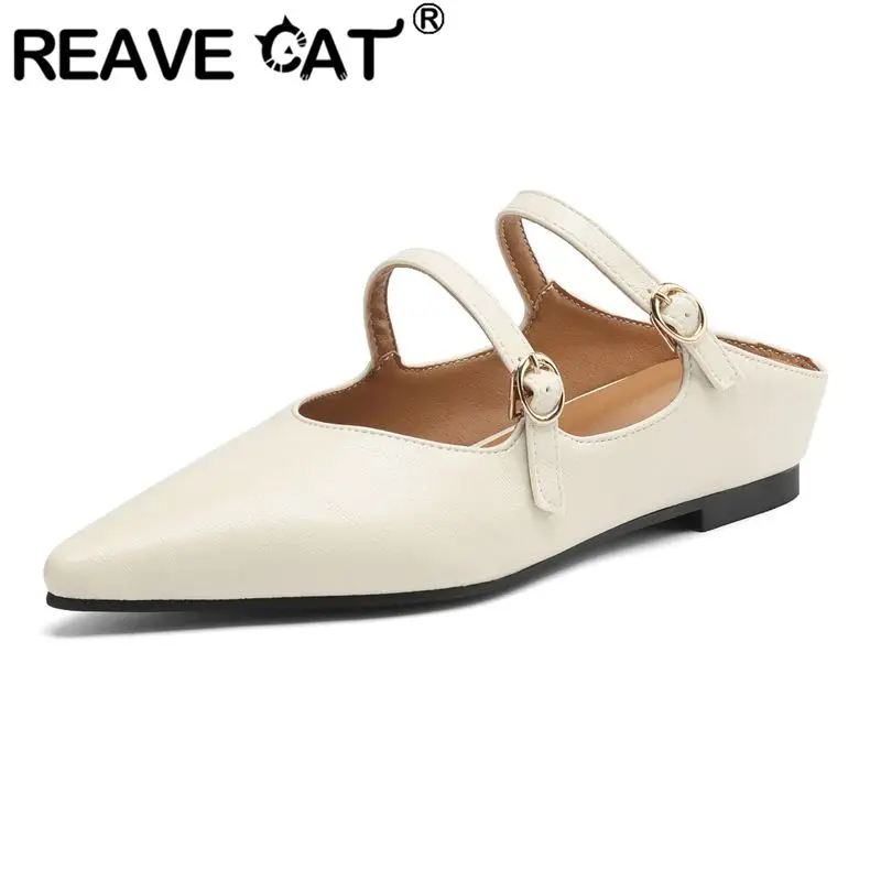 

REAVE CAT Beige Women Flats Sandals Pointed Toe Slip On Mules Double Belt Buckles Plus Size 40 41 42 43 Soft Leisure Daily Shoes