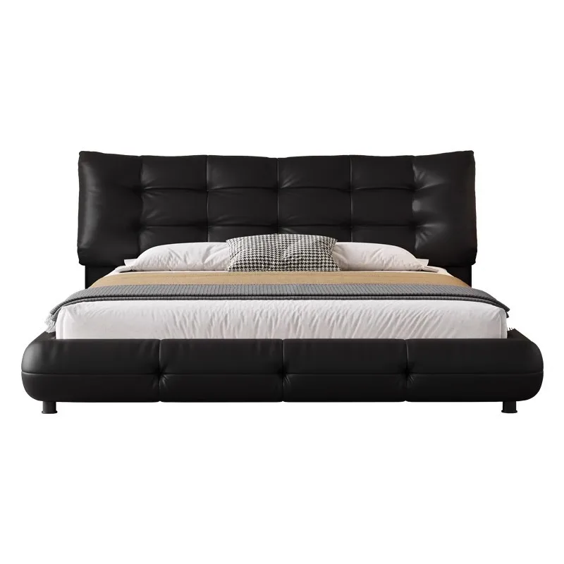 

Italian minimalist big black cow leather bed, light luxury retro master high-end atmospheric floor soft bag