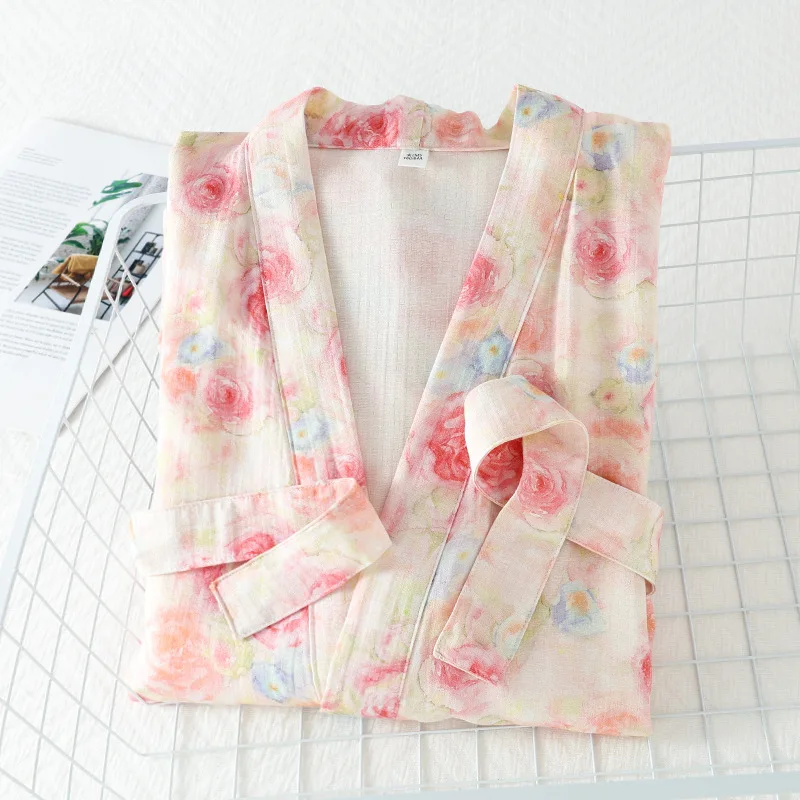 

Vintage Watercolor Floral Kimono Robe | Women's Romantic Cotton Gauze Dressing Gown | Lightweight Summer Loungewear with Belt