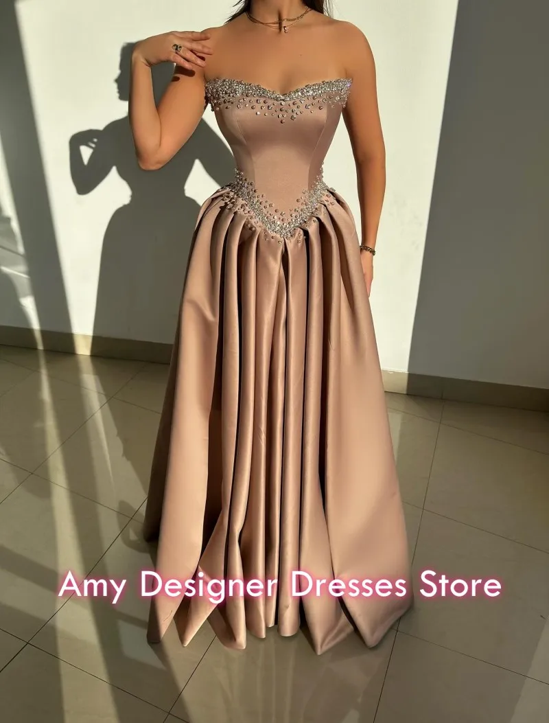 Modest Evening Dresses 2026 Beading Crystal Satin A Line Party Dress Sweetheart Arabic Dubai Prom Gowns Customized