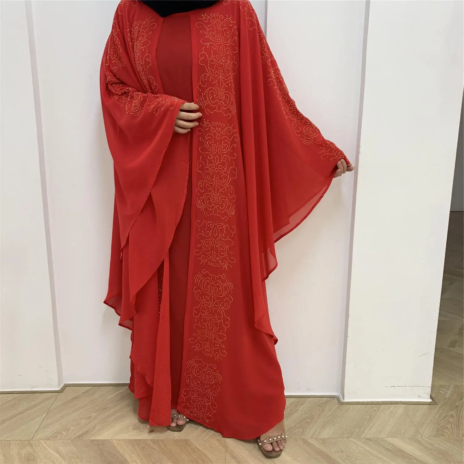 Chiffon Ironing Drill Muslim Dress Women Big Bat Sleeve Abayas for Womne Middle East Loose Long Dress Islamic Clothing for Women