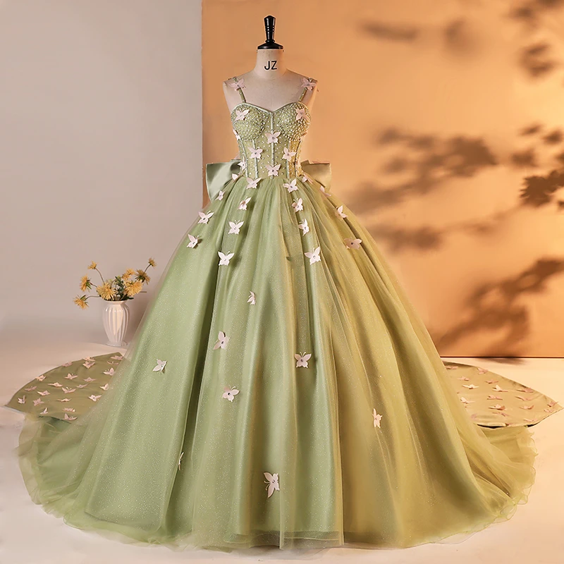 

Spaghetti Strap Strapless 15 Quinceanera Dress Lace Appliques Beads Big Butterfly Lacing Up Ball Gown Birthday Party Customized