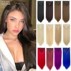 Saç ekleme yılında 22 inç 16 klipler uzun düz saç sentetik pembe beyaz doğal Hairpieces isıya dayanıklı yanlış saç