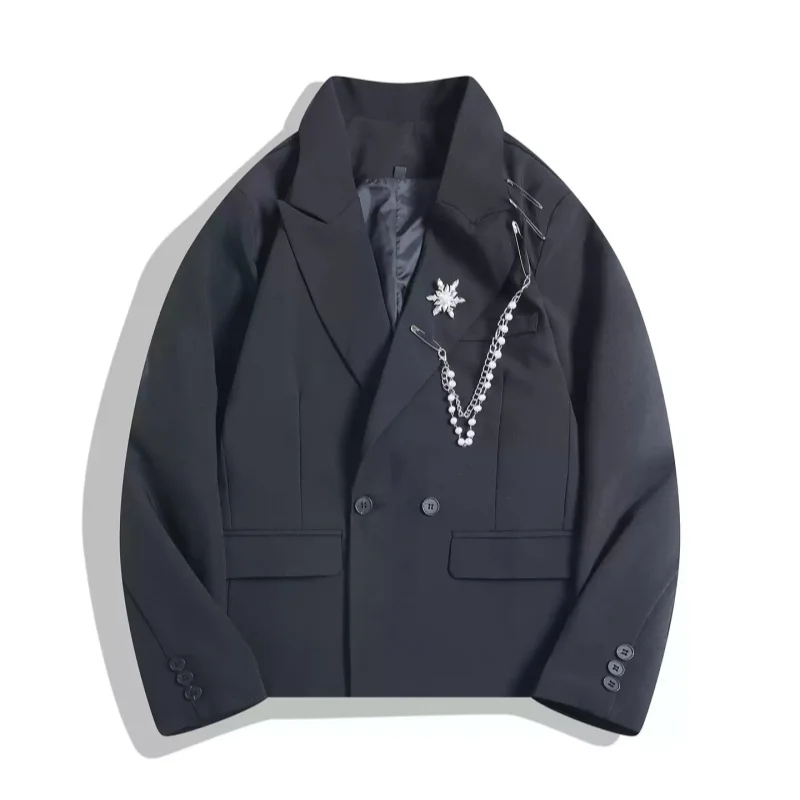 

Ретро-пиджак унисекс: высококачественный двубортный пиджак с жемчужной отделкой, свободный крой, модный черный универсальный пиджак