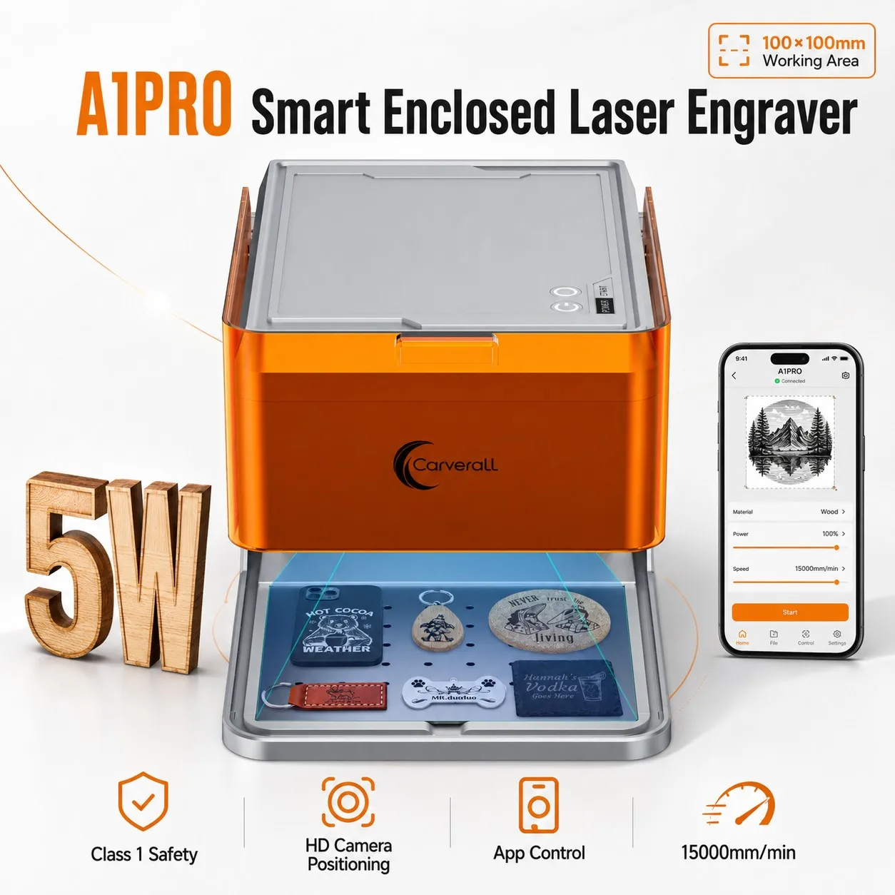 Carverall A1PRO 5W graveur laser de bureau Class 1 fermé, machine portable 100x100mm avec caméra HD, contrôle App CutLabX, détail 4K, assistance air, pour débutants, cadeaux DIY, bois, cuir, acrylique, artisanat maison