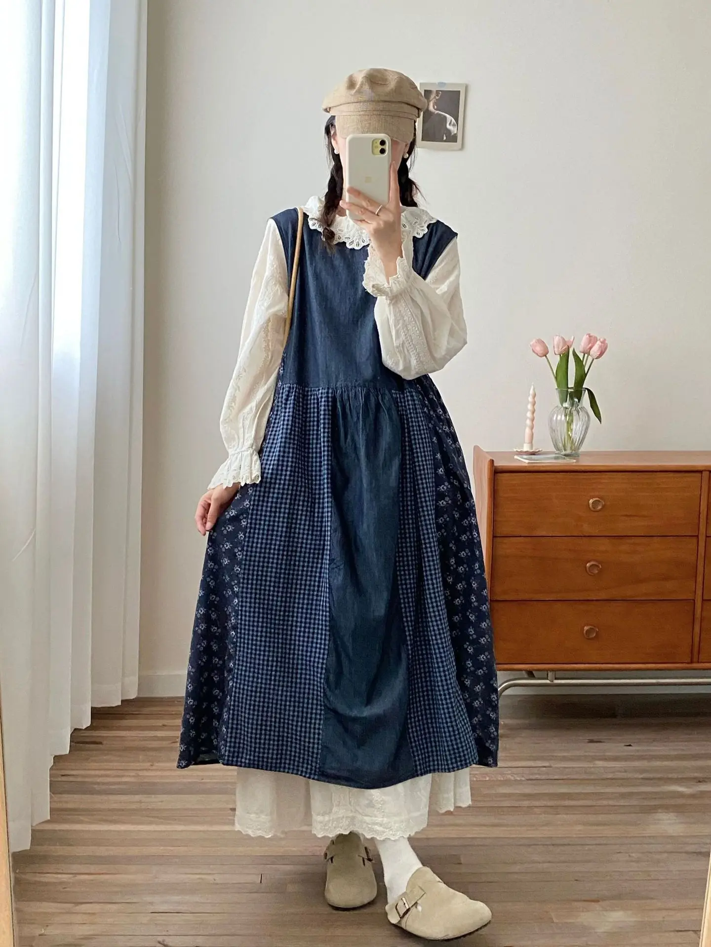 New 2026 Spring Women Denim Vest Dresses, O Neck Sleeveless Print Patchwork, Mori Girl Sweet Age Reduction Loose Dress D63791CC