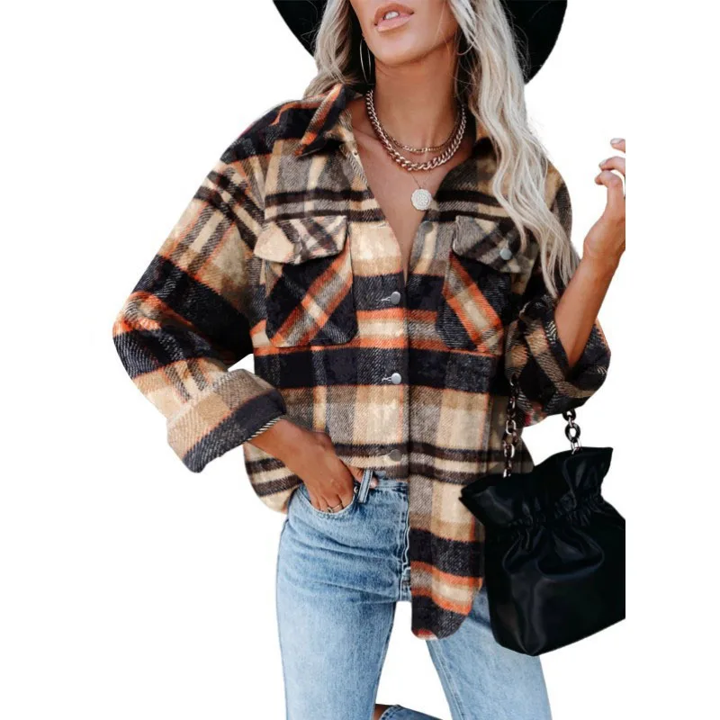 2023 Autumn and Winter Women\'s New Fashion Casual Checker Shirt Loose and Comfortable Versatile Woolen Flannel Button Up Coat