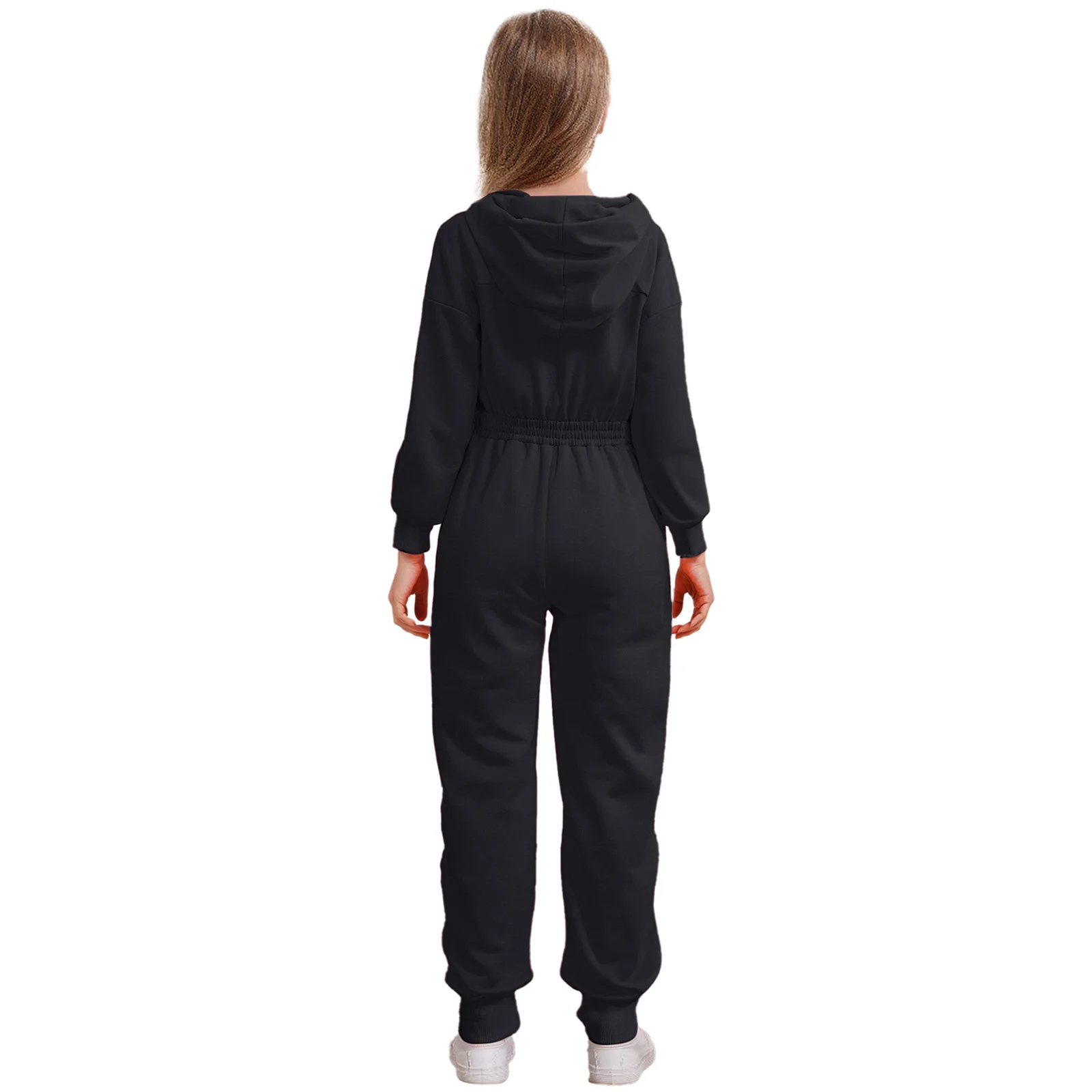 Kids Girls Casual Hooded Jumpsuit Front Zipper Long Sleeve Solid Rompers School Holiday Picnic One Piece Overalls Y2k Streetwear