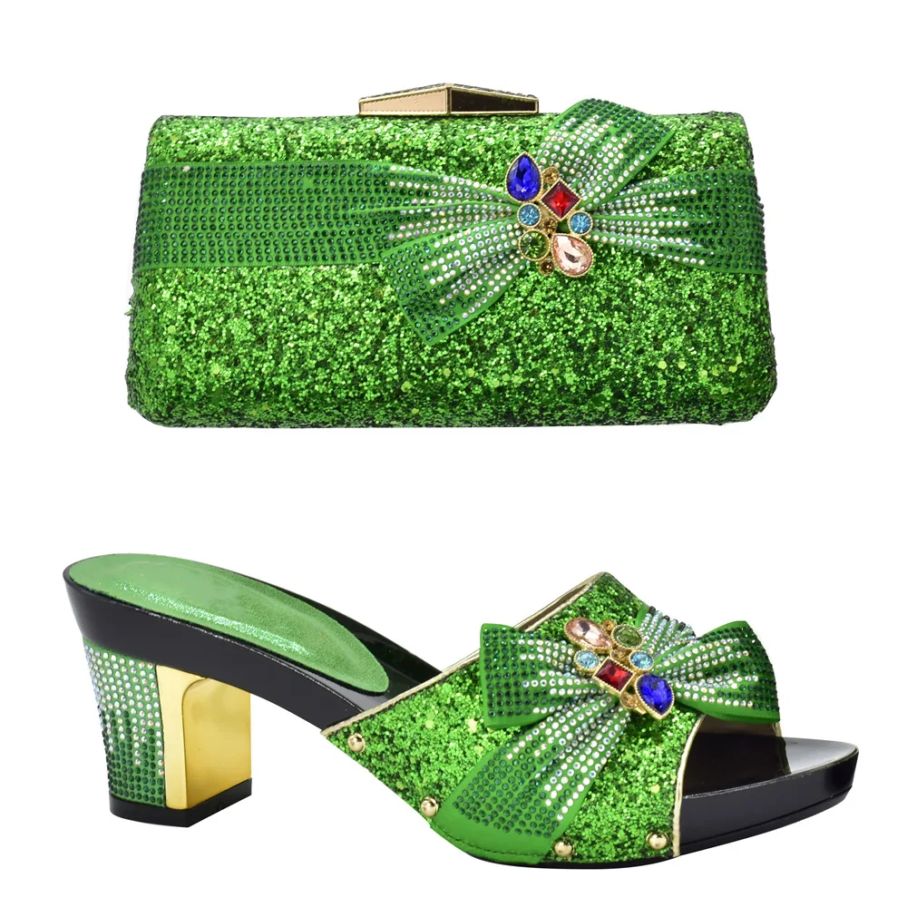

Green Color Rhinestone Slipper Shoes And Bag Sets For Women Newest Italian Pumps Shoes With Matching Bags For Wedding Party