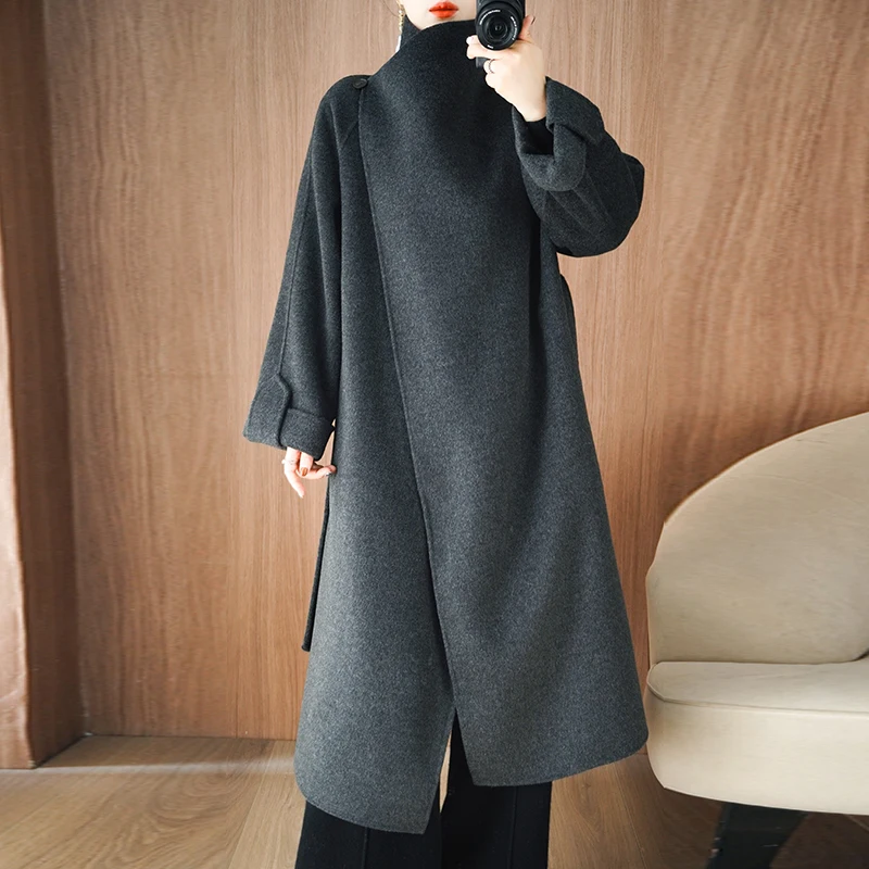 2025 Autumn and Winter 100% Pure Wool Reversible Woolen Coat Women's Long below the Knee Tie-Front Top Loose Large Collar Top